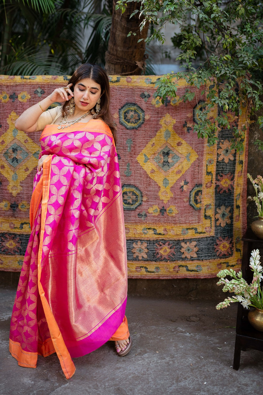 Pink Chanderi Pattu Full Jaal Work Saree