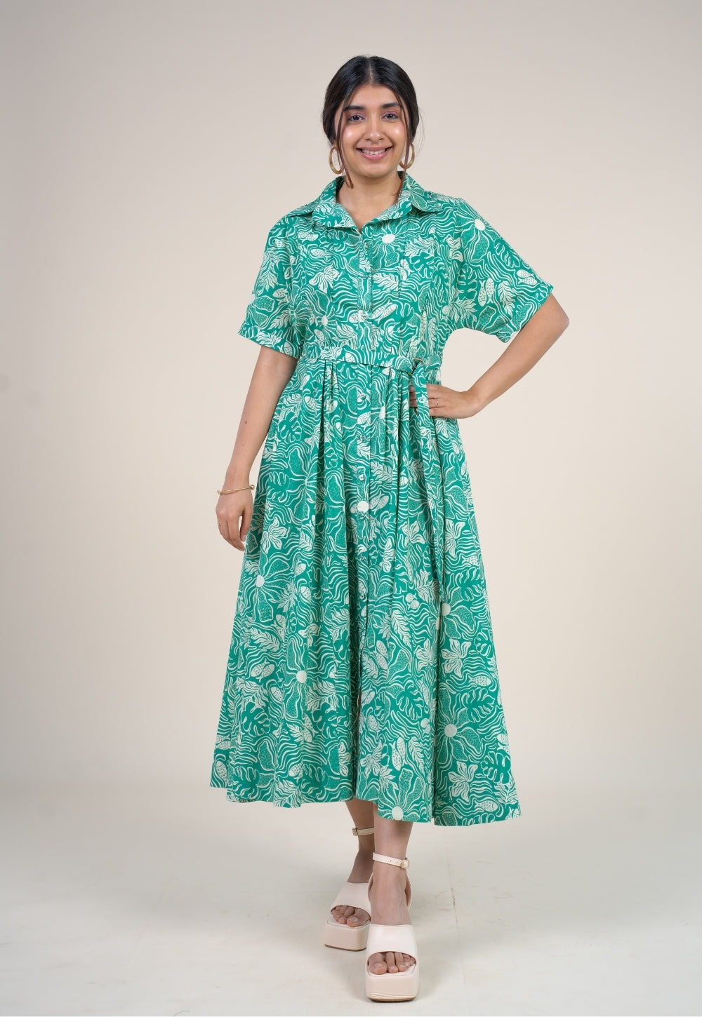 Preeti Emerald Green Printed Floral Cotton A Line Dress