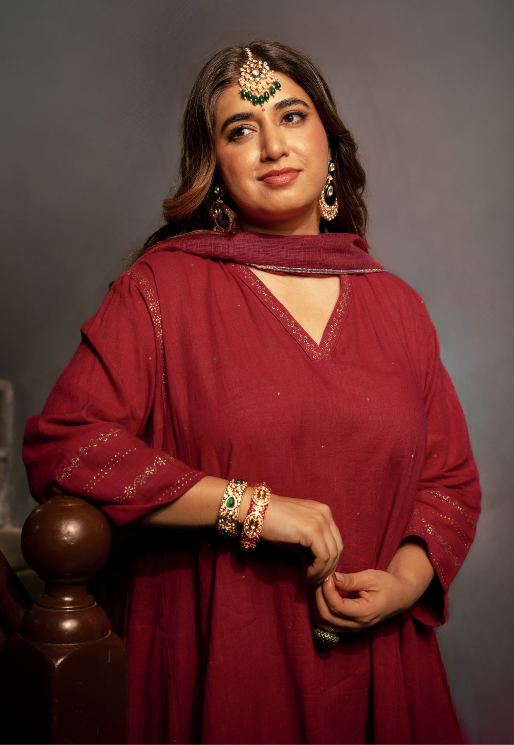 Iqra Red Rogan Handblock Printed Slub Cotton Jhabbha Kali Suit Set (Set of 3)