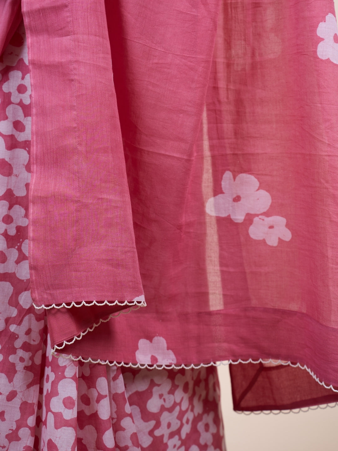 Jasmin Pink Batik Hand Block Print Mul Cotton Saree with Embroidery