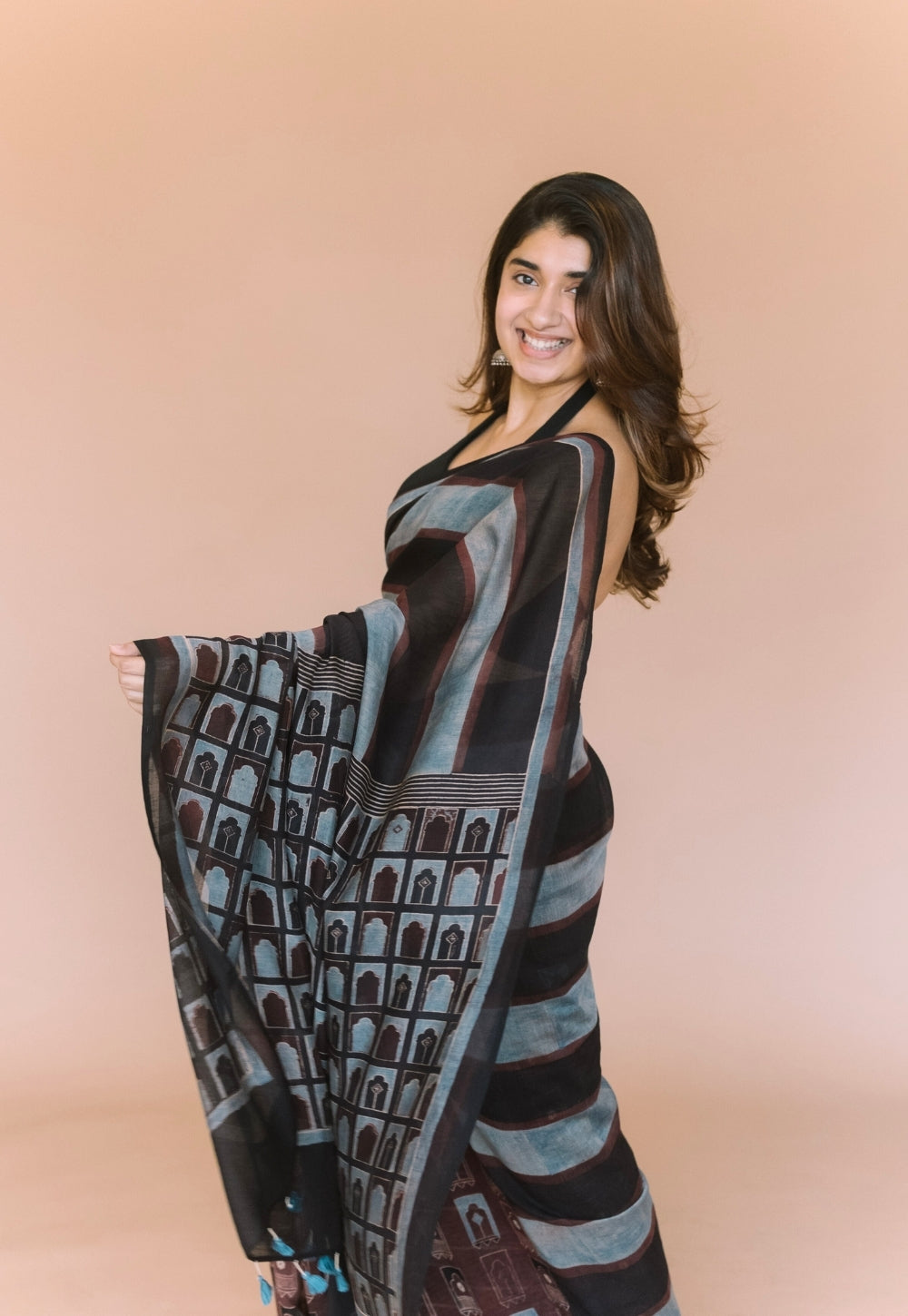 Black Jharoka Ajrakh Hand Block Print Chanderi Saree