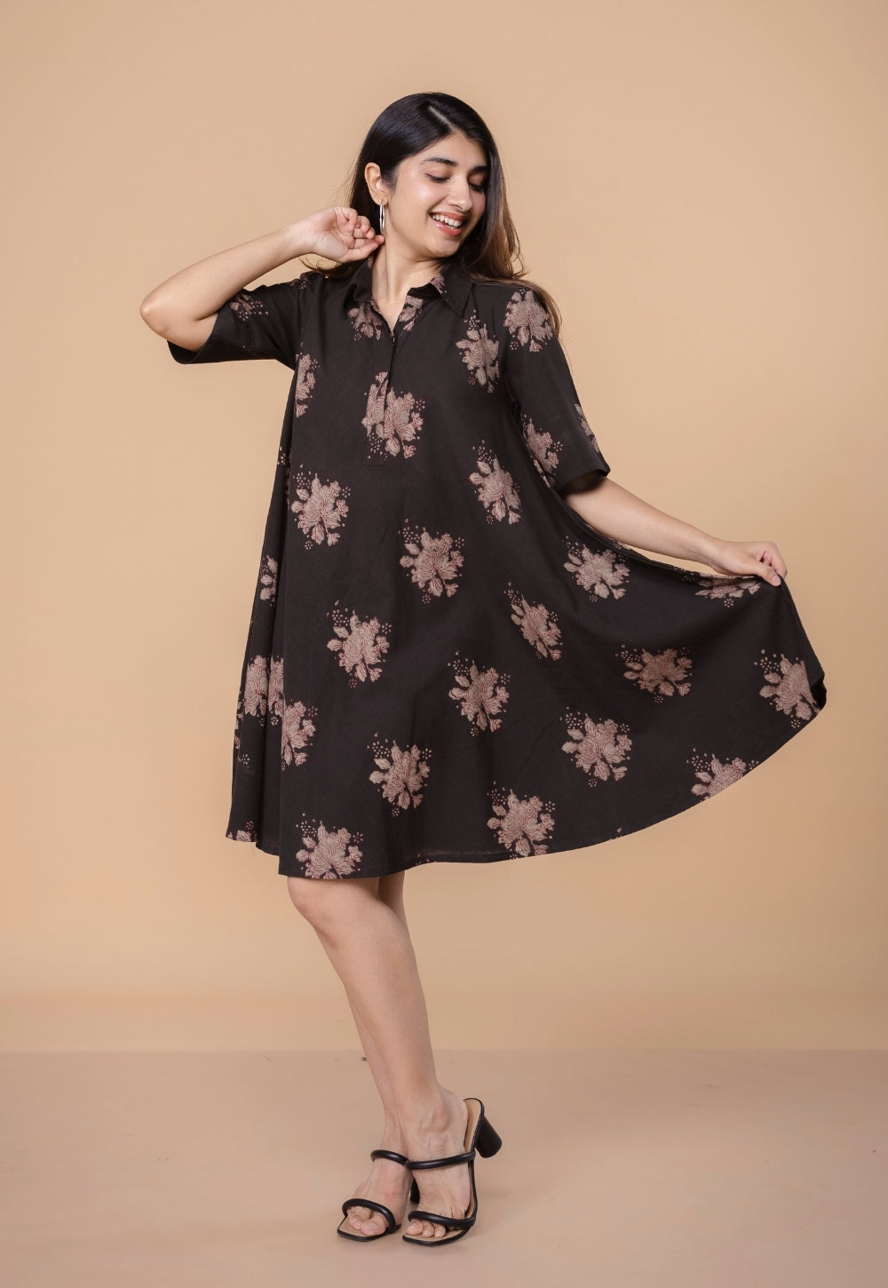 Srisha Brown Dabu Slub Cotton A Line Dress