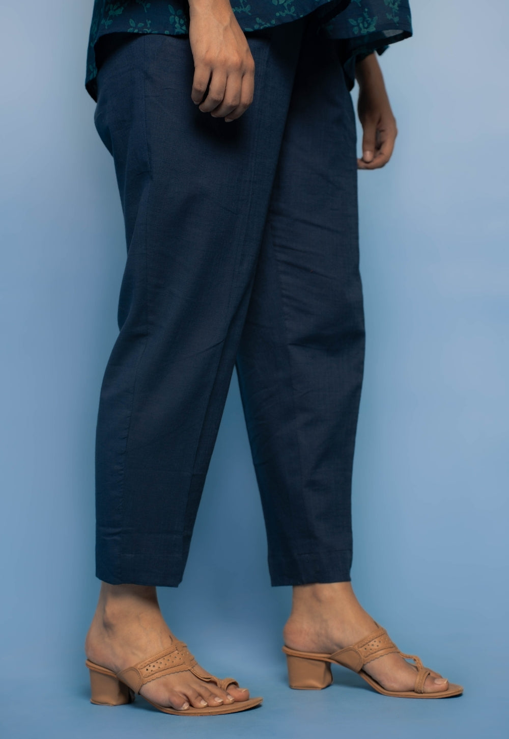 Prita Blue Solid Slub Cotton Narrow Pant