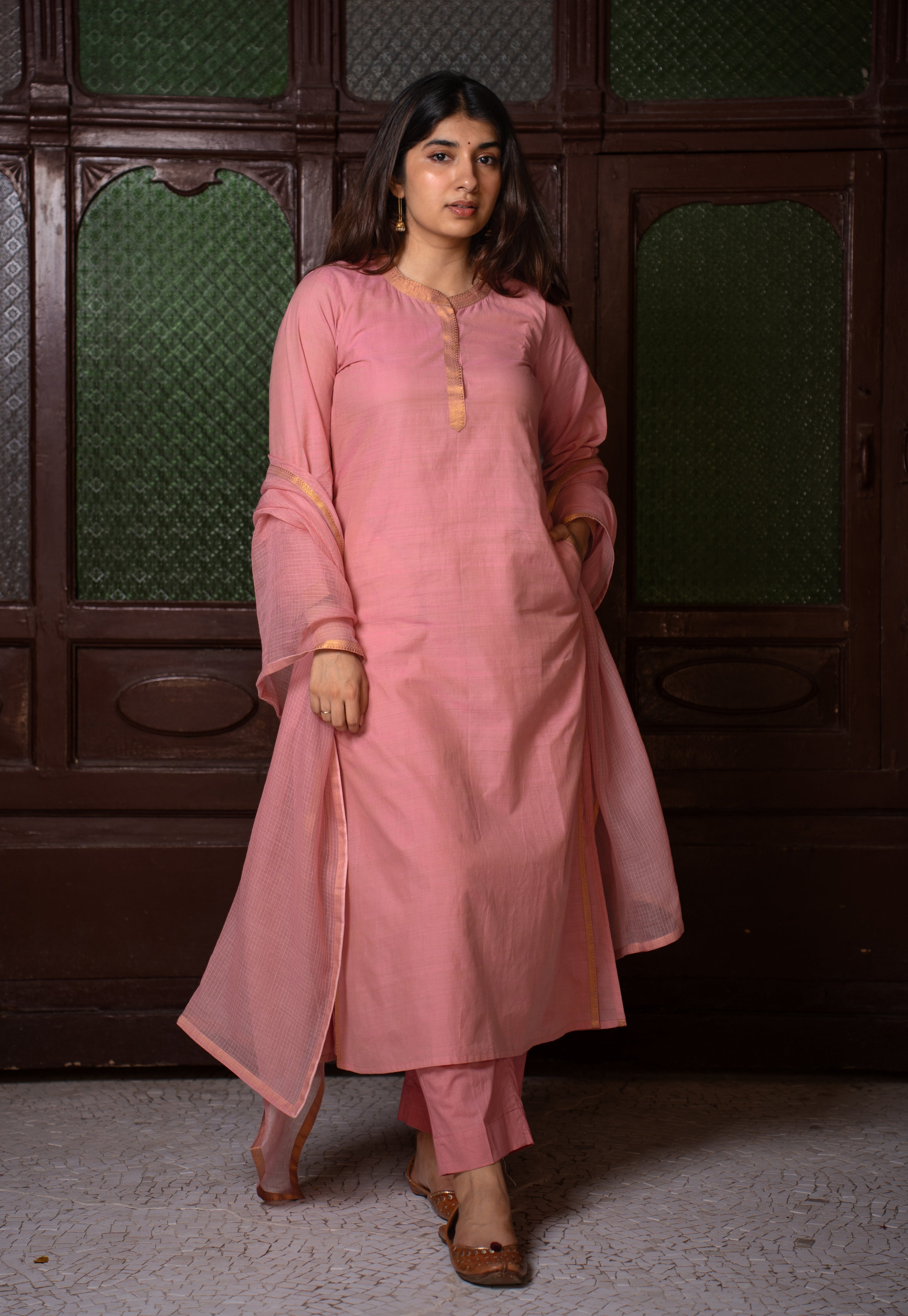 Aarini Pink Mangalgiri Cotton Straight Kurta with Nizam Border