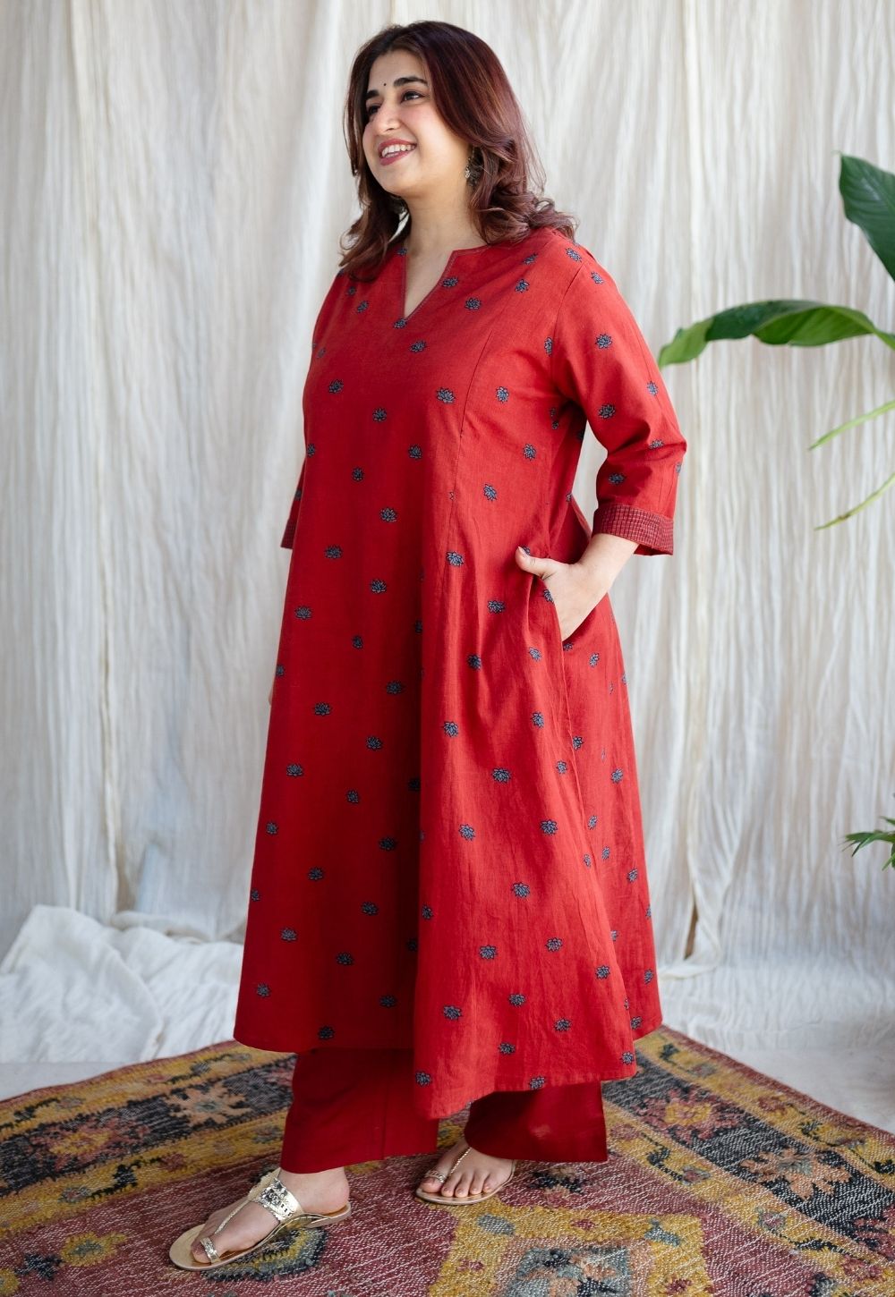 Kamal Red Ajrakh Cotton Kali Kurta with Hand Embroidery
