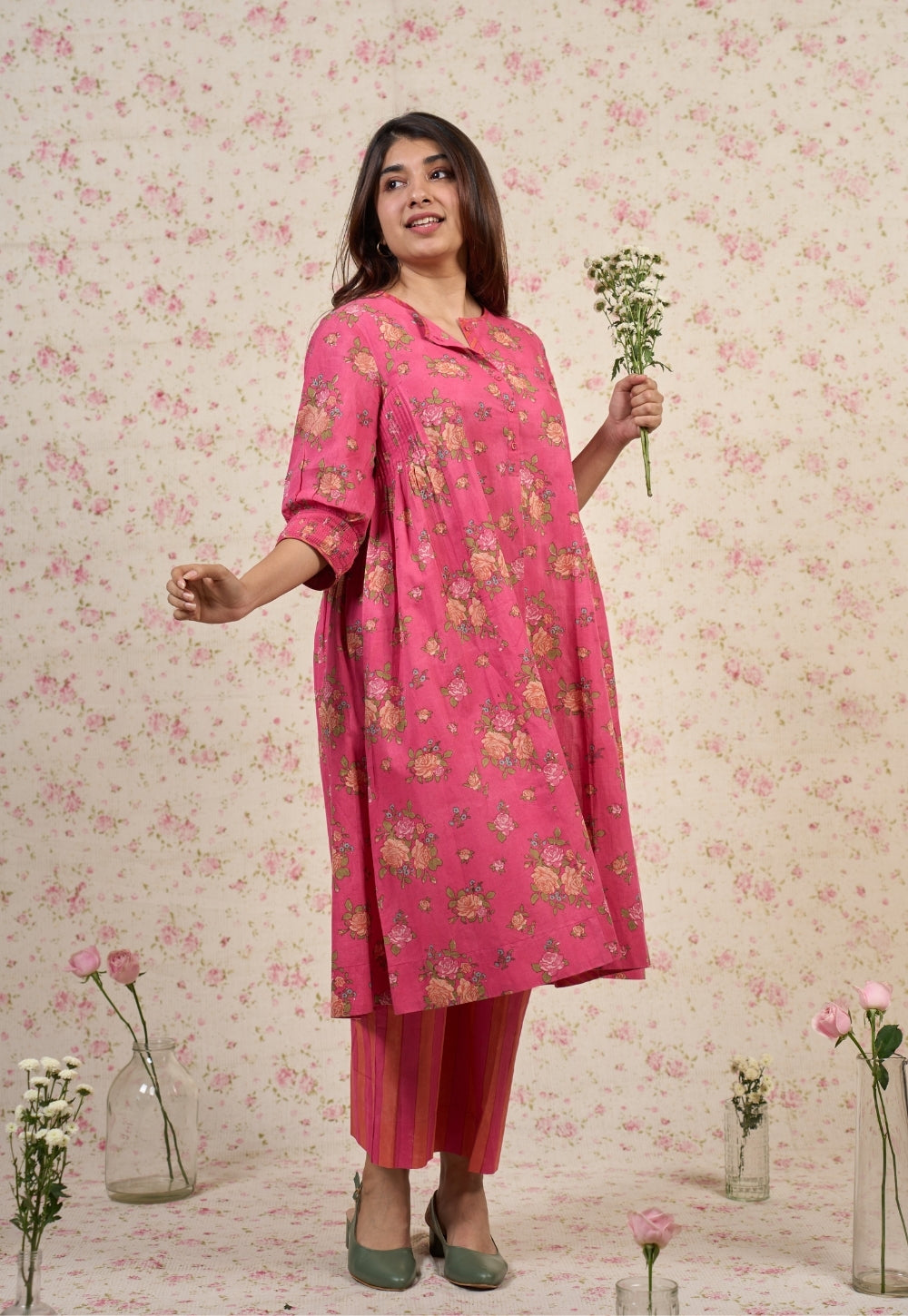 Rosie Pink Sanganeri Mul Cotton A Line Kurta Set (Set of 2)