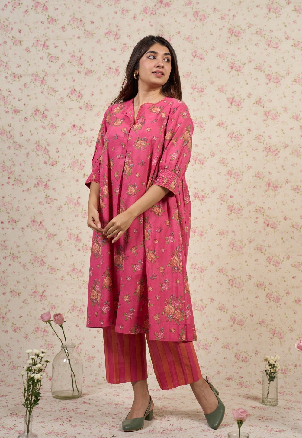 Rosie Pink Sanganeri Mul Cotton A Line Kurta Set (Set of 2)