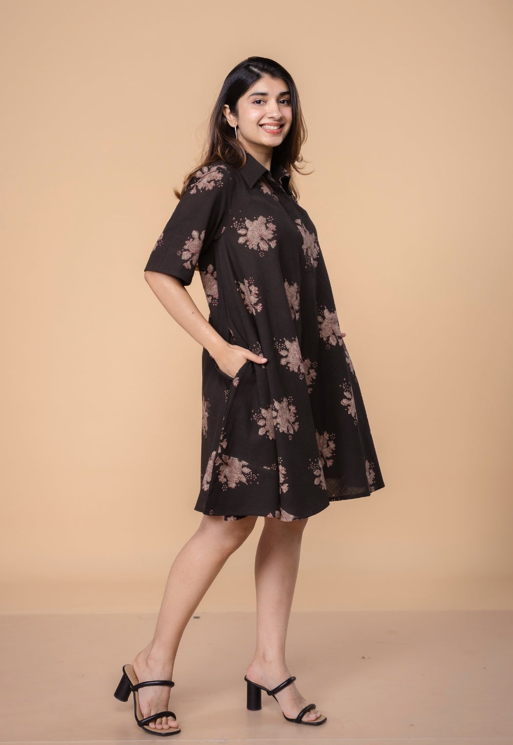 Srisha Brown Dabu Slub Cotton A Line Dress