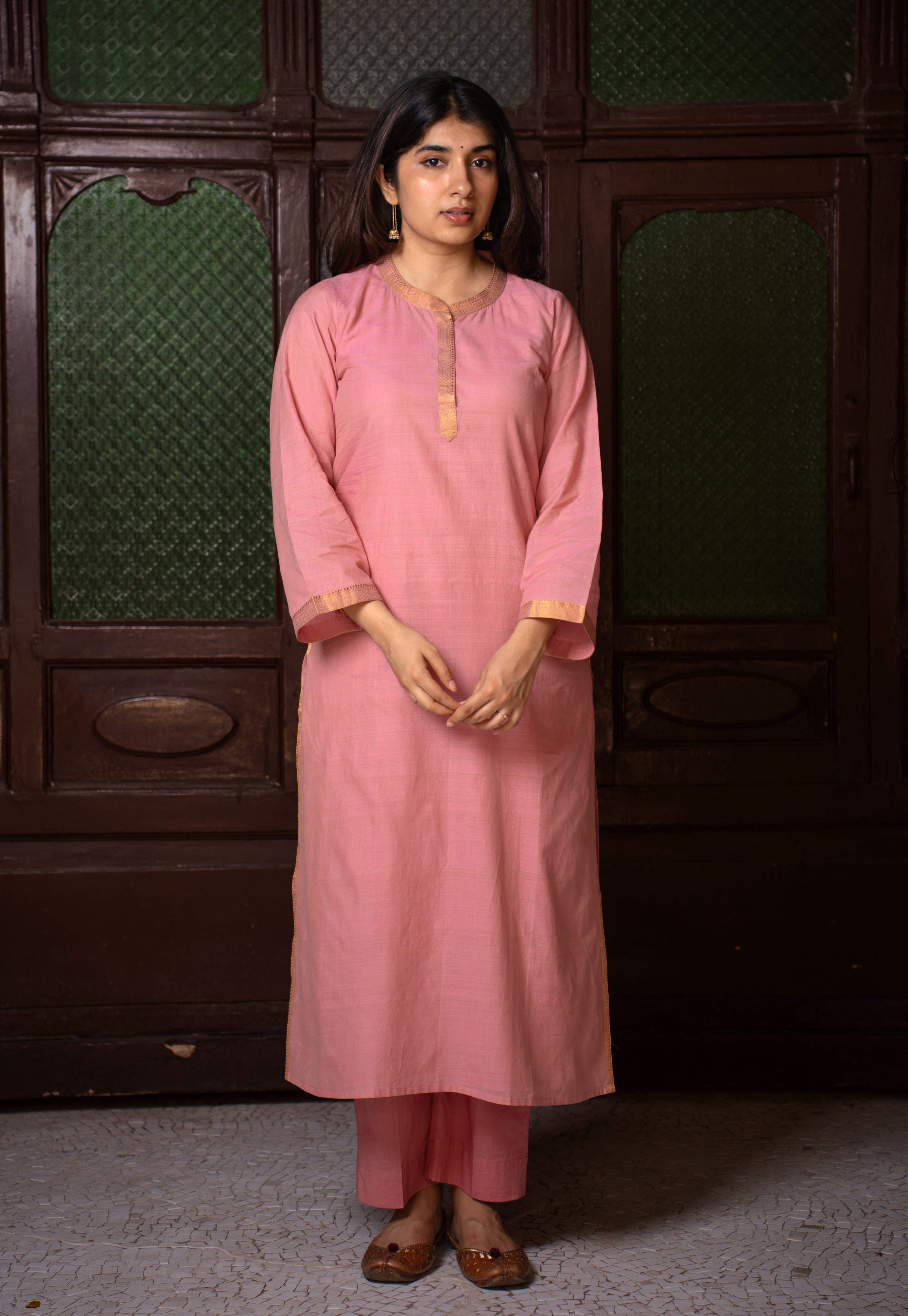 Aarini Pink Mangalgiri Cotton Straight Kurta with Nizam Border