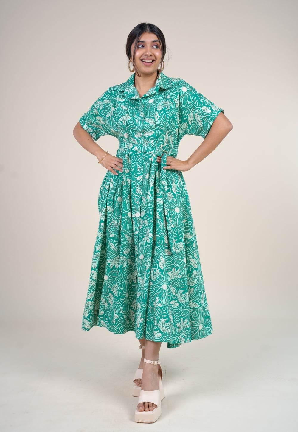 Preeti Emerald Green Printed Floral Cotton A Line Dress