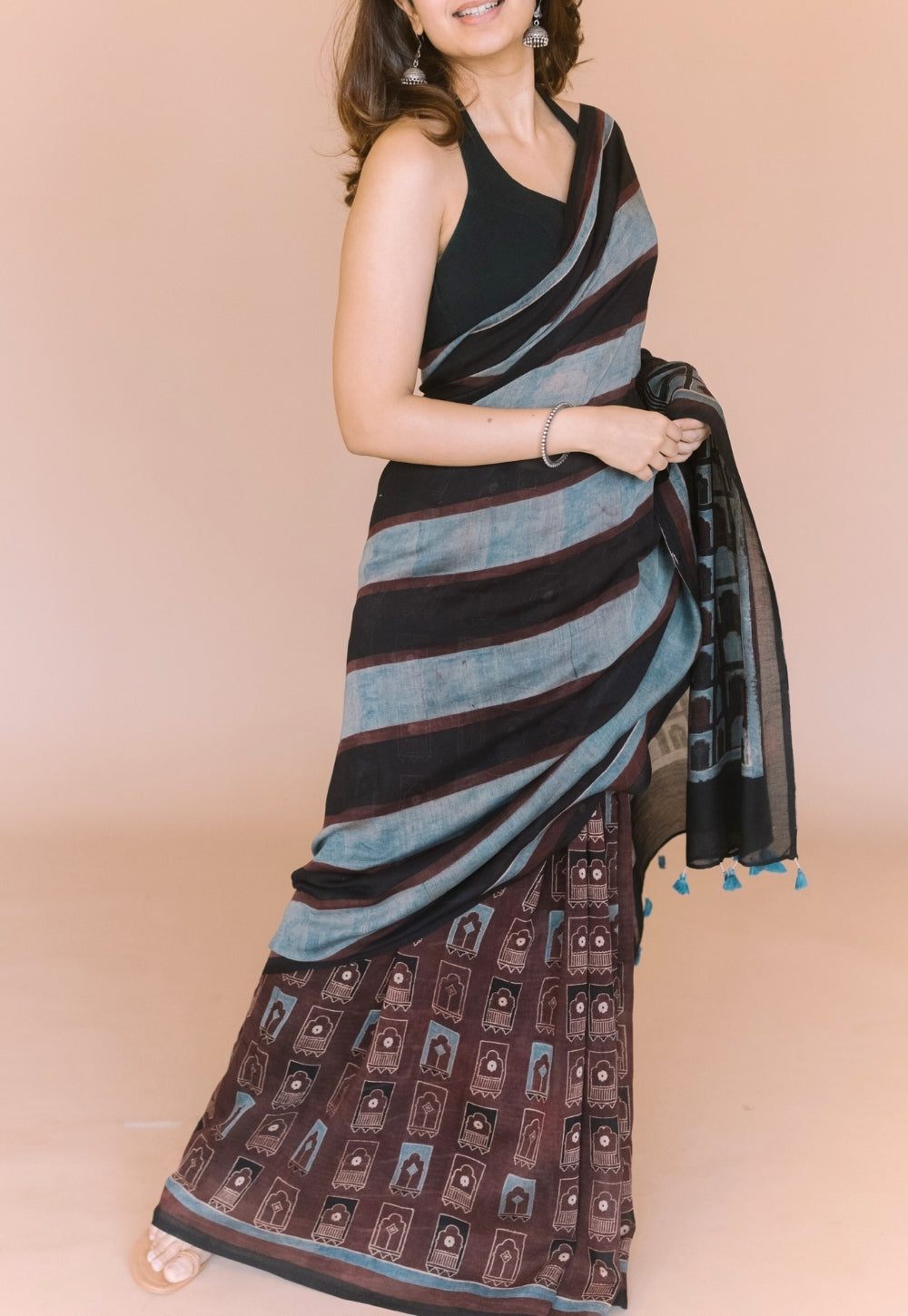 Black Jharoka Ajrakh Hand Block Print Chanderi Saree