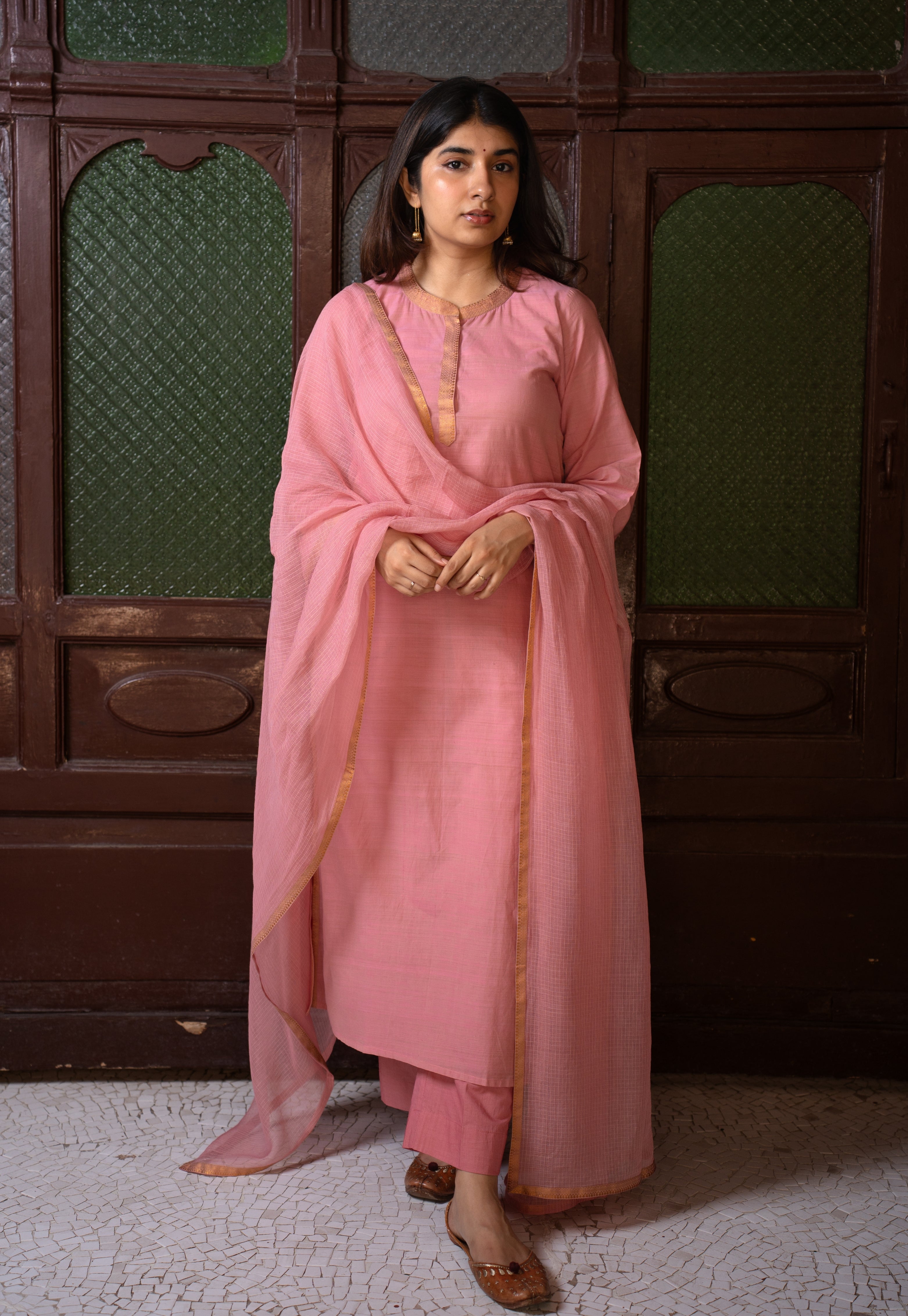 Baby Pink Solid Kota Doria Cotton Dupatta with Mangalgiri Border
