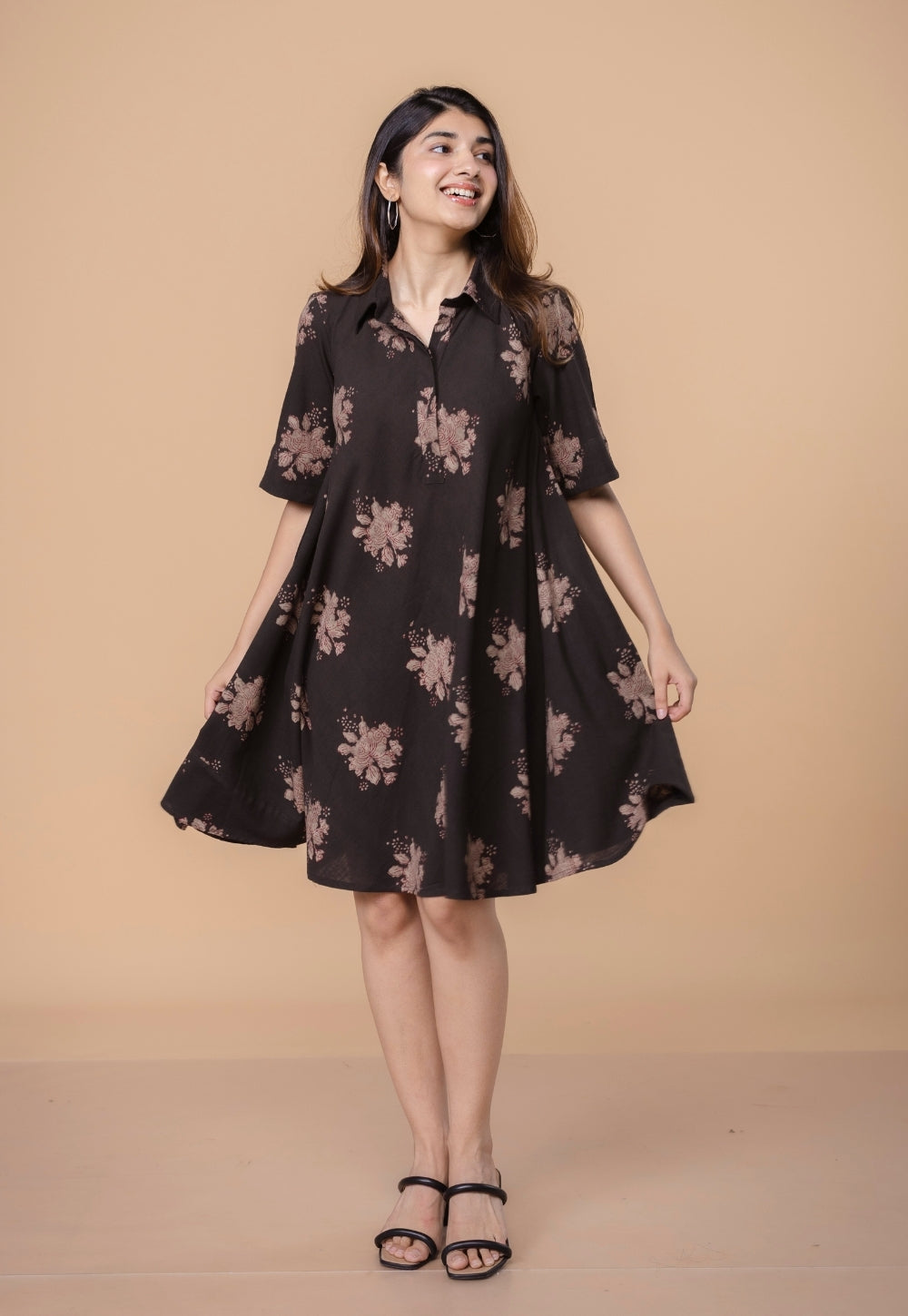 Srisha Brown Dabu Slub Cotton A Line Dress