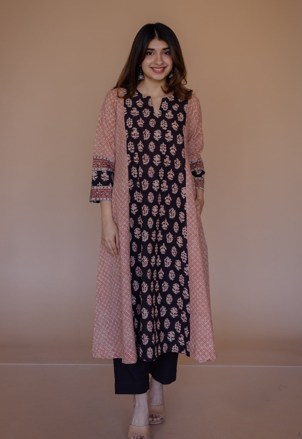 Malika Black Bagru Cotton Kali Kurta