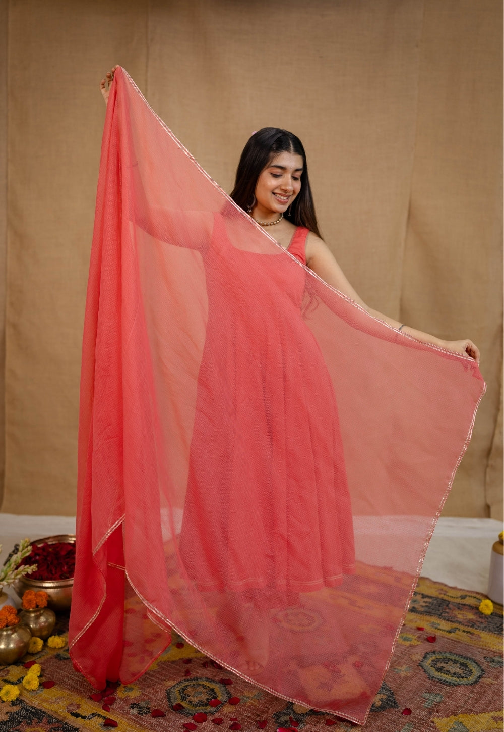 Pink Solid Kota Doria Dupatta