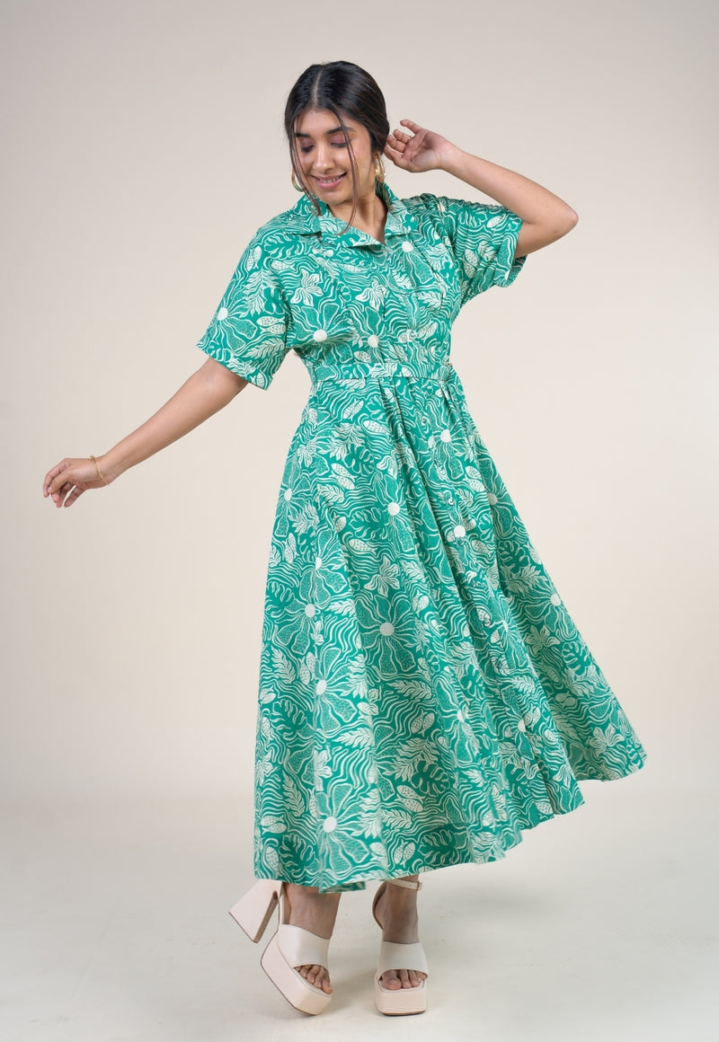 Preeti Emerald Green Printed Floral Cotton A Line Dress – THE INDIAN ETHNIC  CO