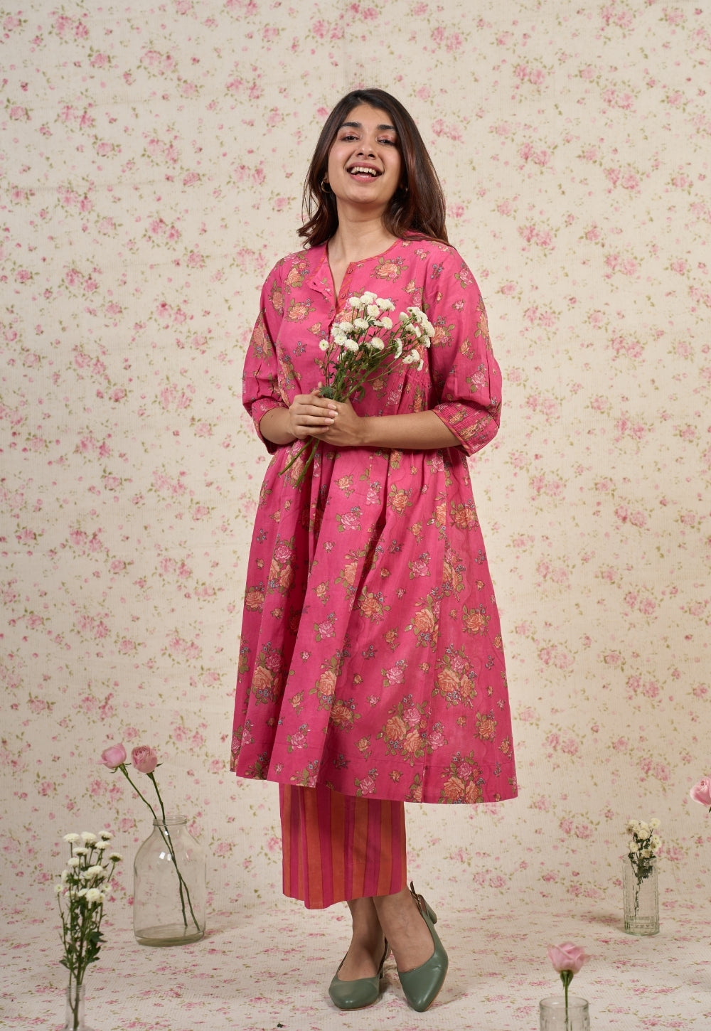 Rosie Pink Sanganeri Mul Cotton A Line Kurta Set (Set of 2)