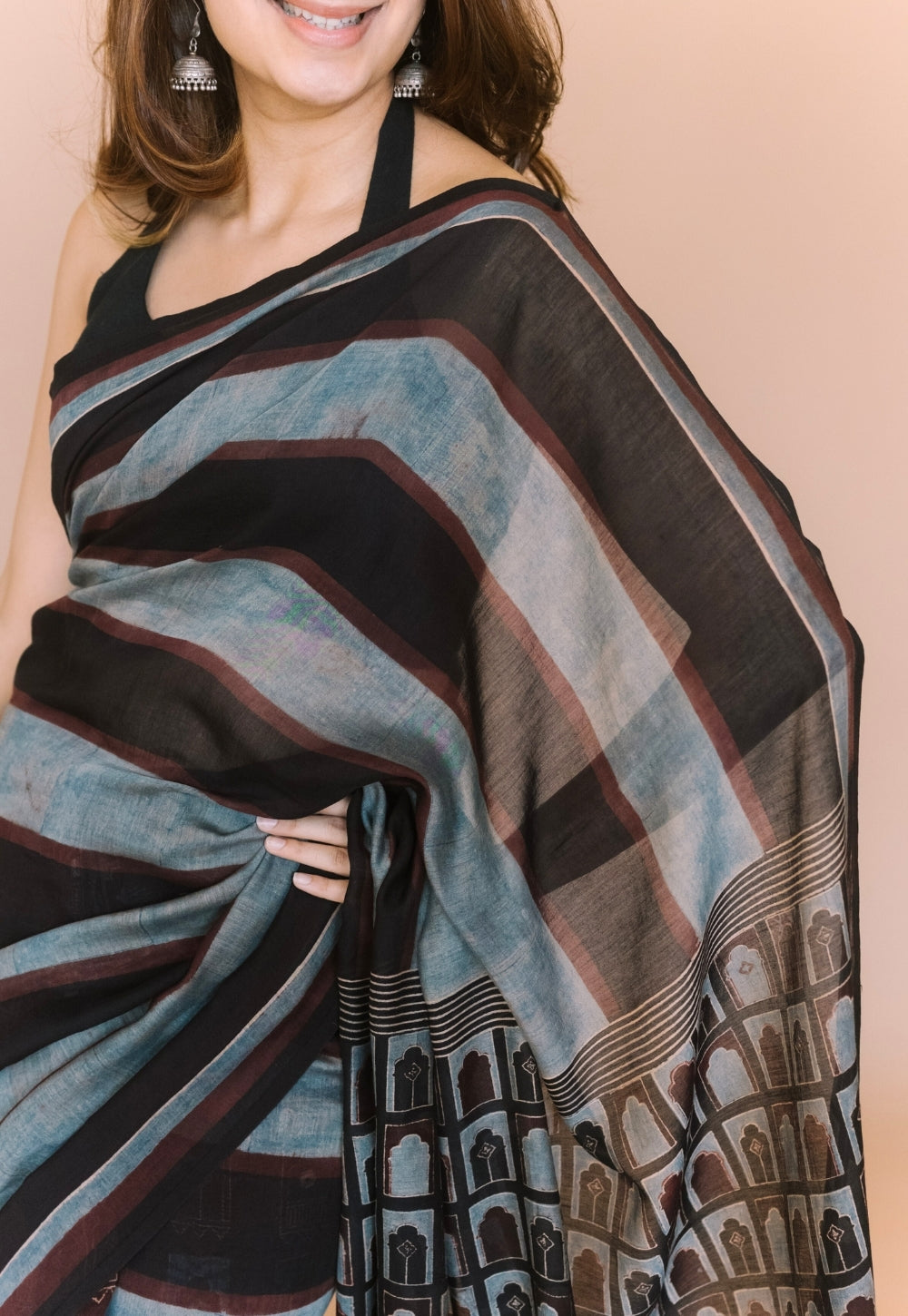 Black Jharoka Ajrakh Hand Block Print Chanderi Saree