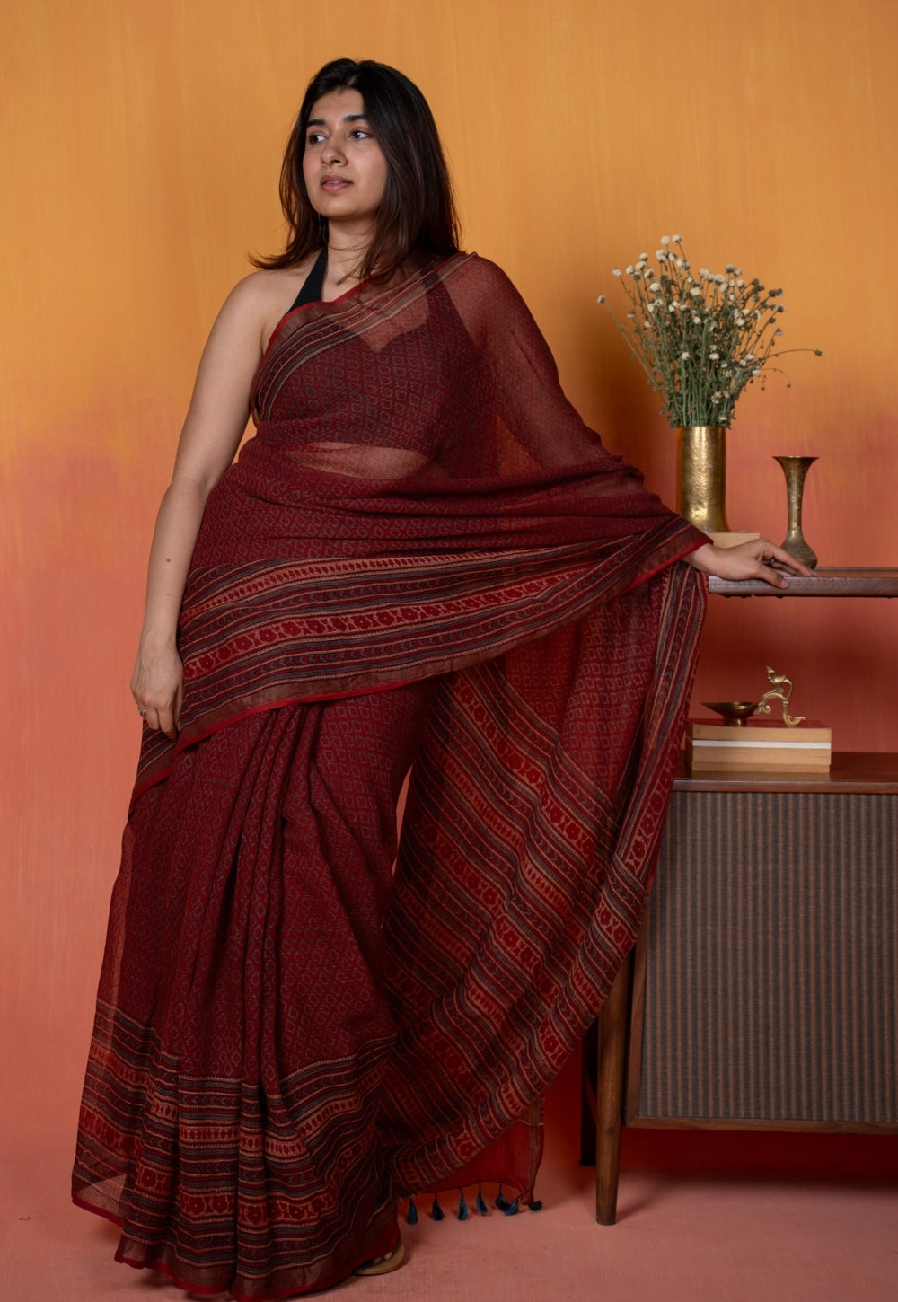 Red Geometric Ajrakh Hand Block Print Kota Doria Saree