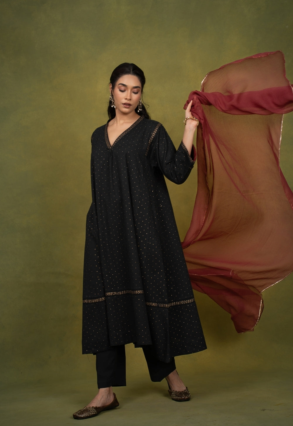 Qainat Black Rogan Handlock Printed Cotton Jhabbha Kali Kurta Suit Set (Set of 3)