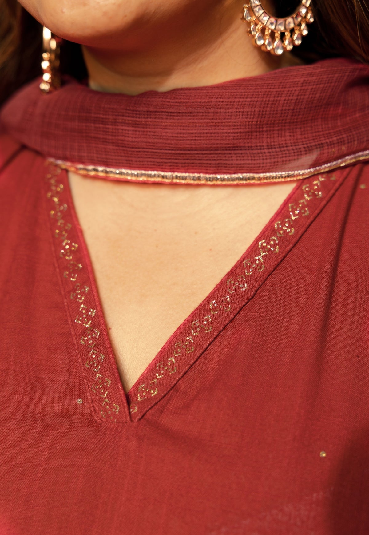 Iqra Red Rogan Handblock Printed Slub Cotton Suit Set (Set of 3)