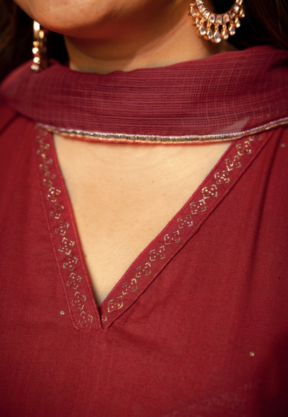 Iqra Red Rogan Handblock Printed Slub Cotton Jhabbha Kali Suit Set (Set of 3)