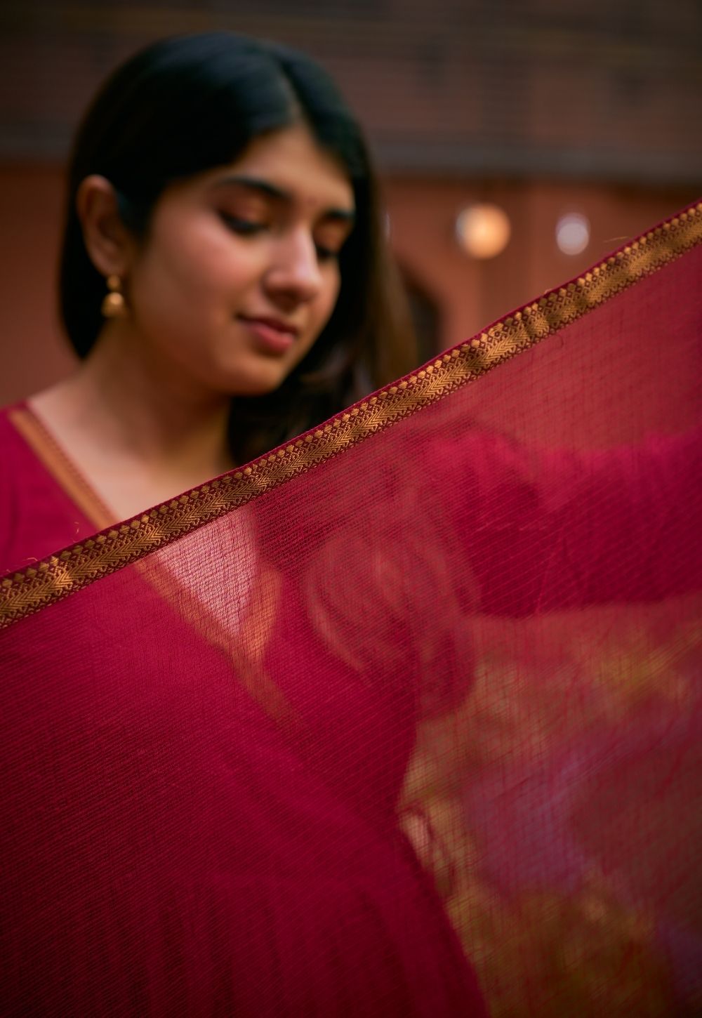Cherry Red Solid Kota Doria Cotton Dupatta with Mangalgiri Border