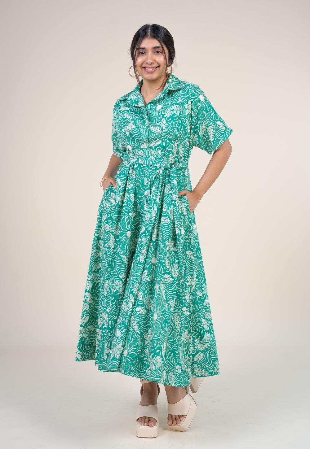 Preeti Emerald Green Printed Floral Cotton A Line Dress L