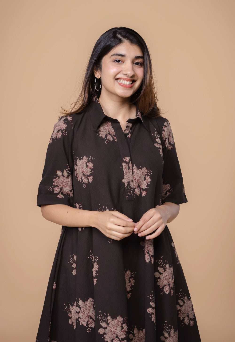 Srisha Brown Dabu Slub Cotton A Line Dress
