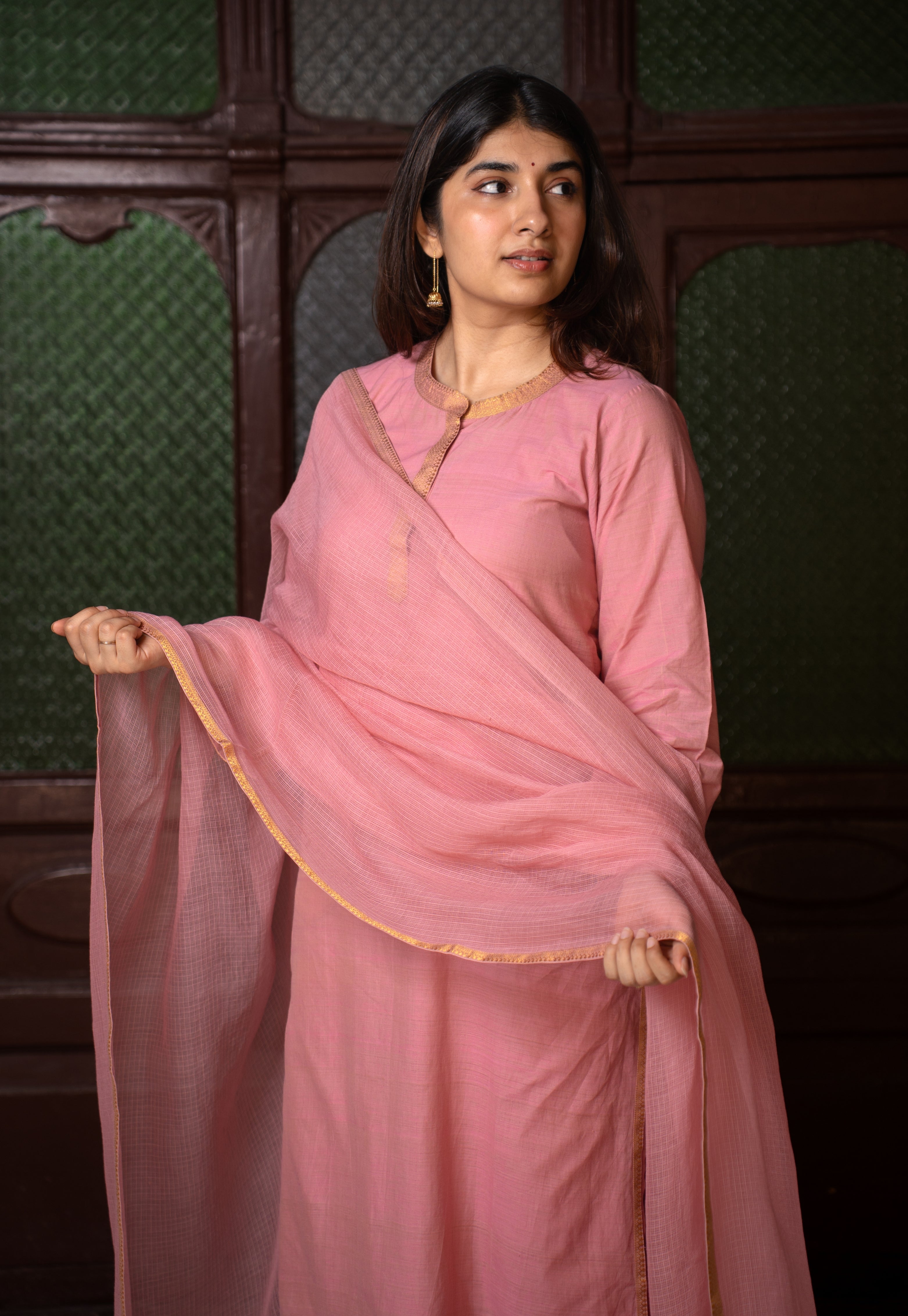 Baby Pink Solid Kota Doria Cotton Dupatta with Mangalgiri Border