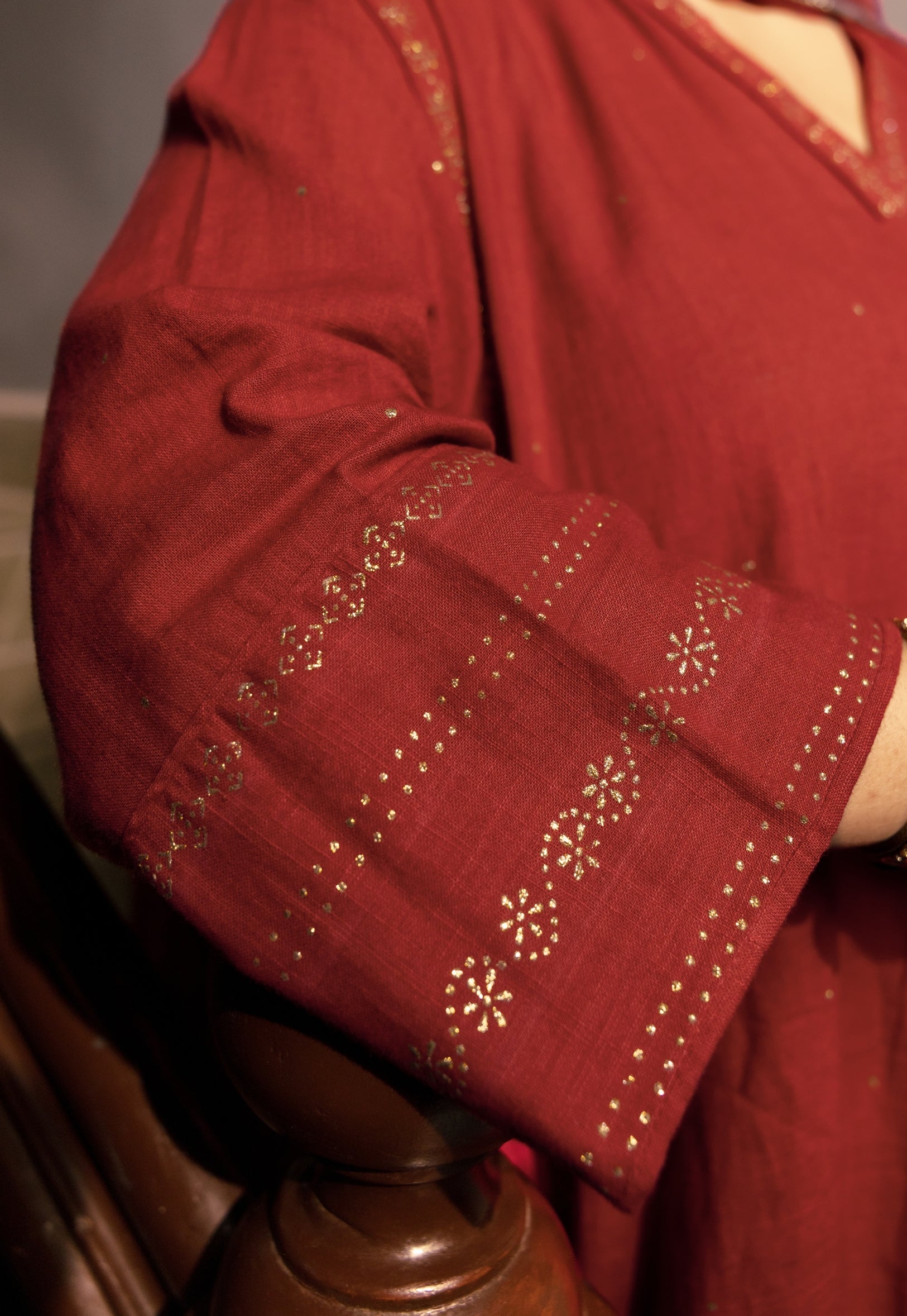 Iqra Red Rogan Handblock Printed Slub Cotton Suit Set (Set of 3)