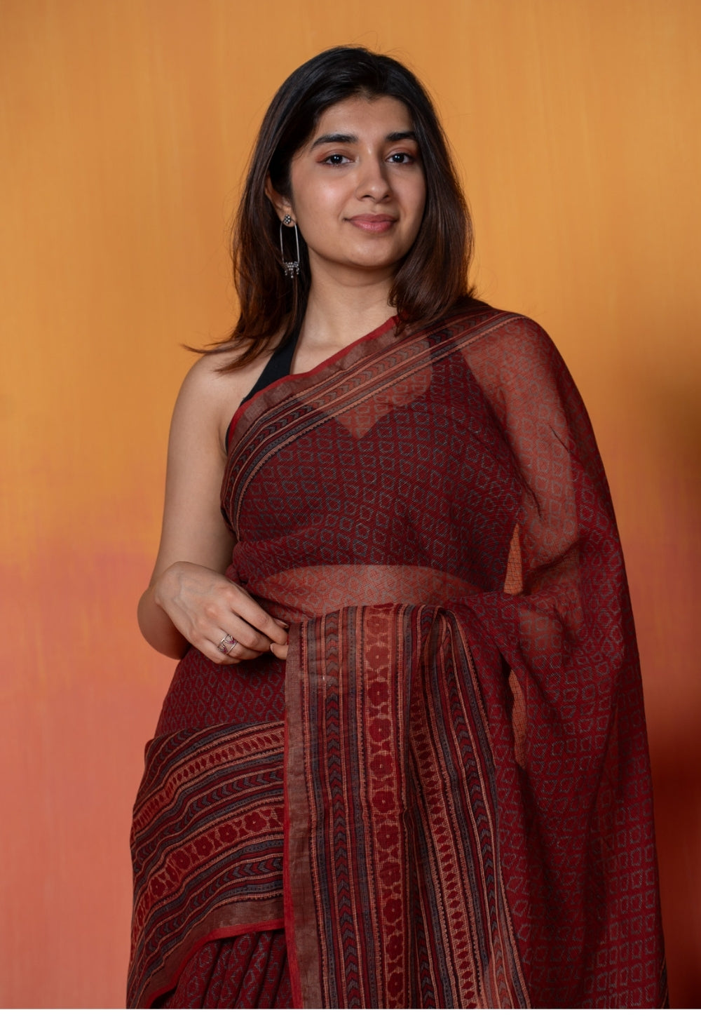 Red Geometric Ajrakh Hand Block Print Kota Doria Saree