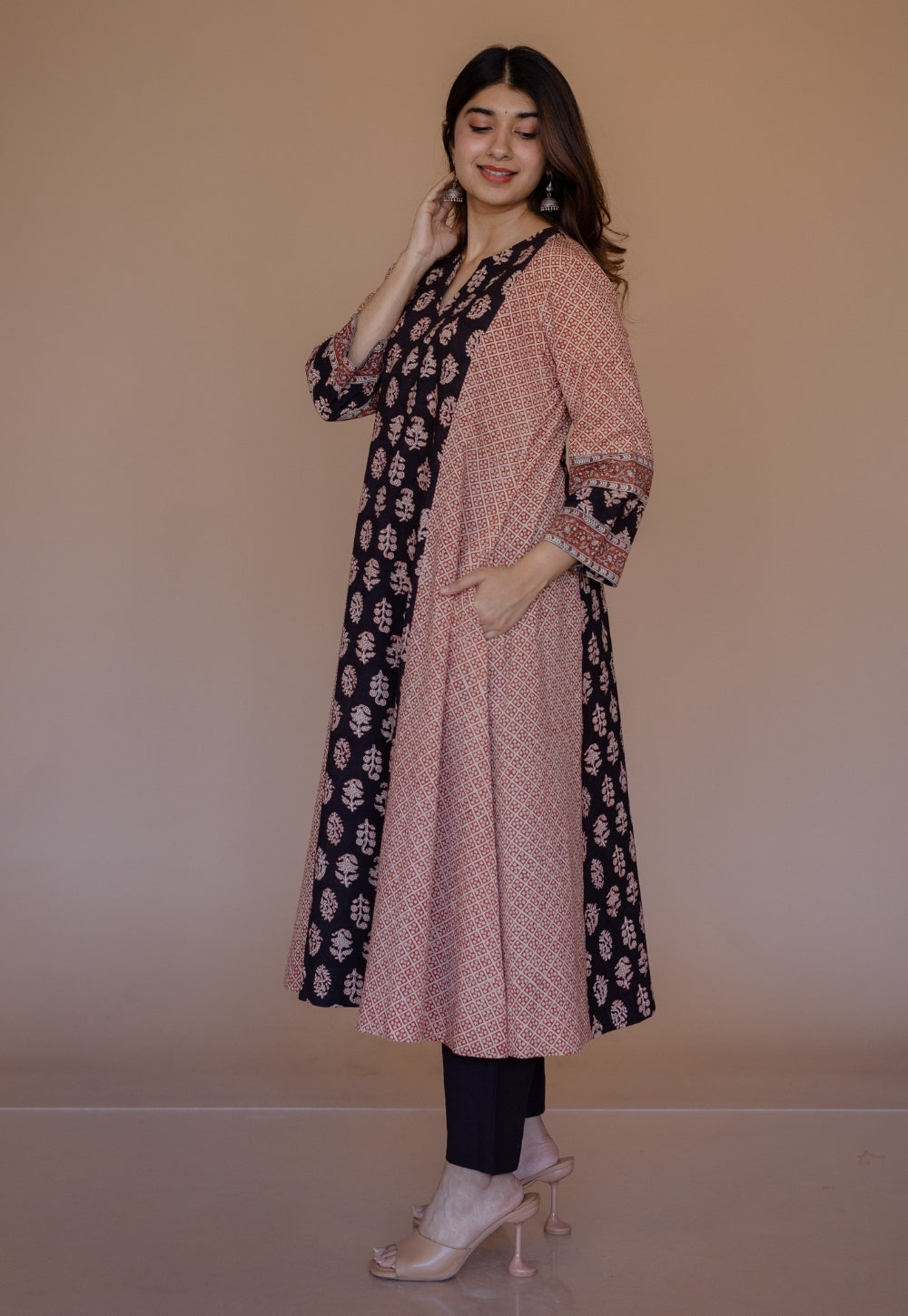 Malika Black Bagru Cotton Kali Kurta