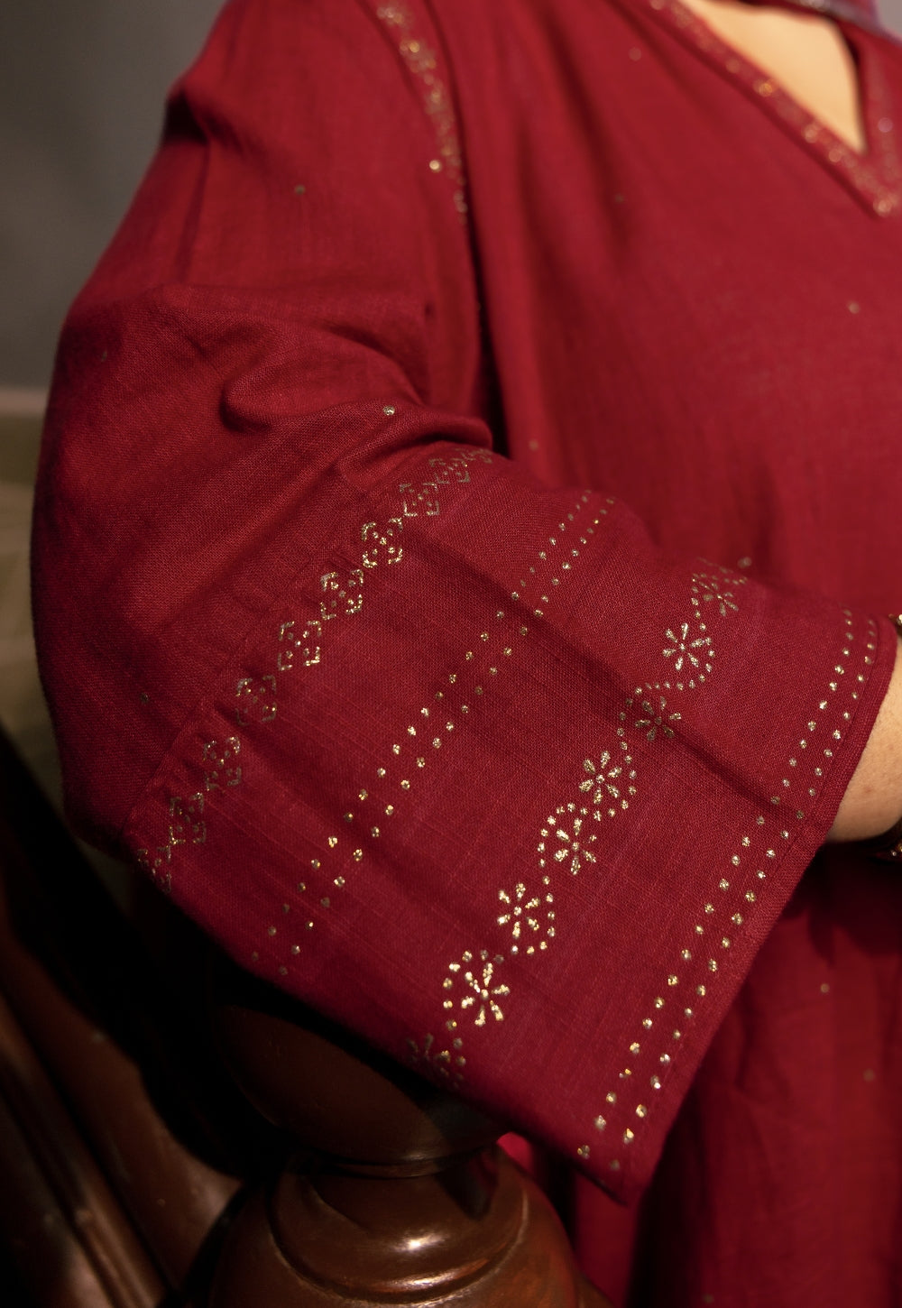 Iqra Red Rogan Handblock Printed Slub Cotton Jhabbha Kali Suit Set (Set of 3)