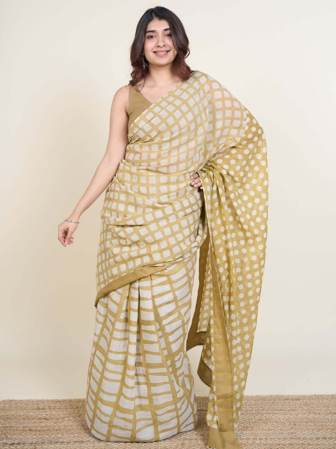 Urooj Green Batik Hand Block Print Mul Cotton Saree with Embroidery