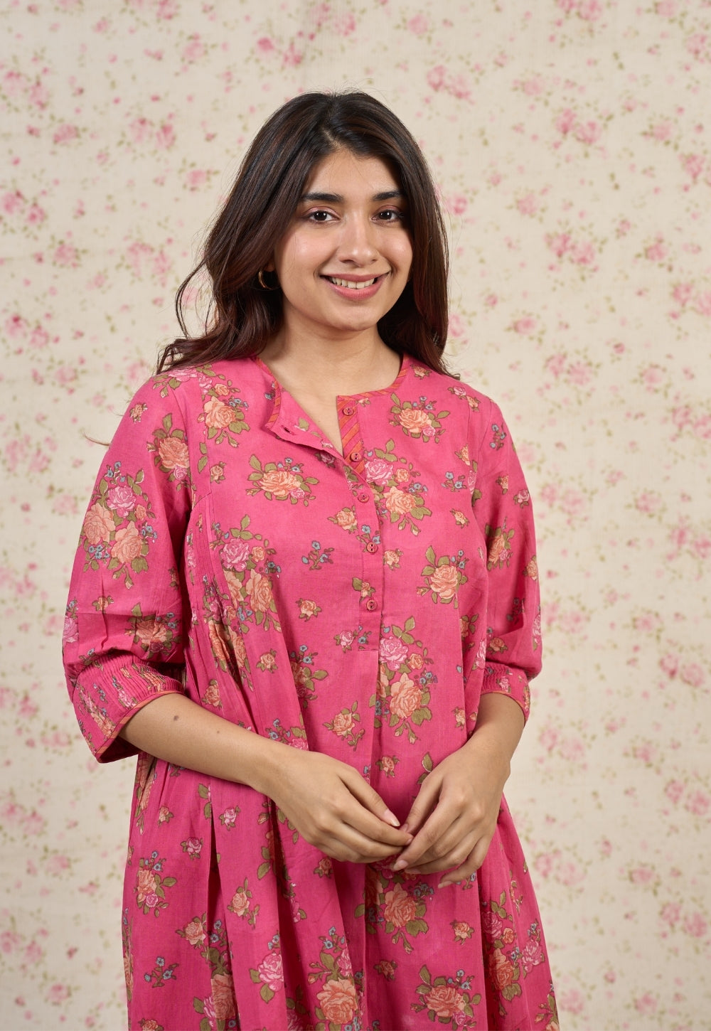 Rosie Pink Sanganeri Mul Cotton A Line Kurta Set (Set of 2)