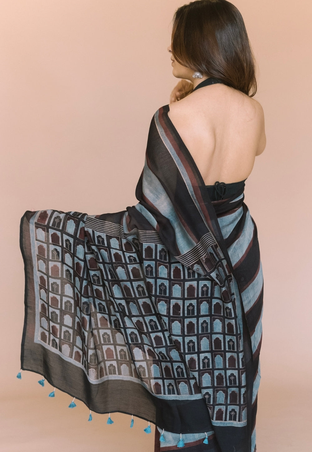Black Jharoka Ajrakh Hand Block Print Chanderi Saree