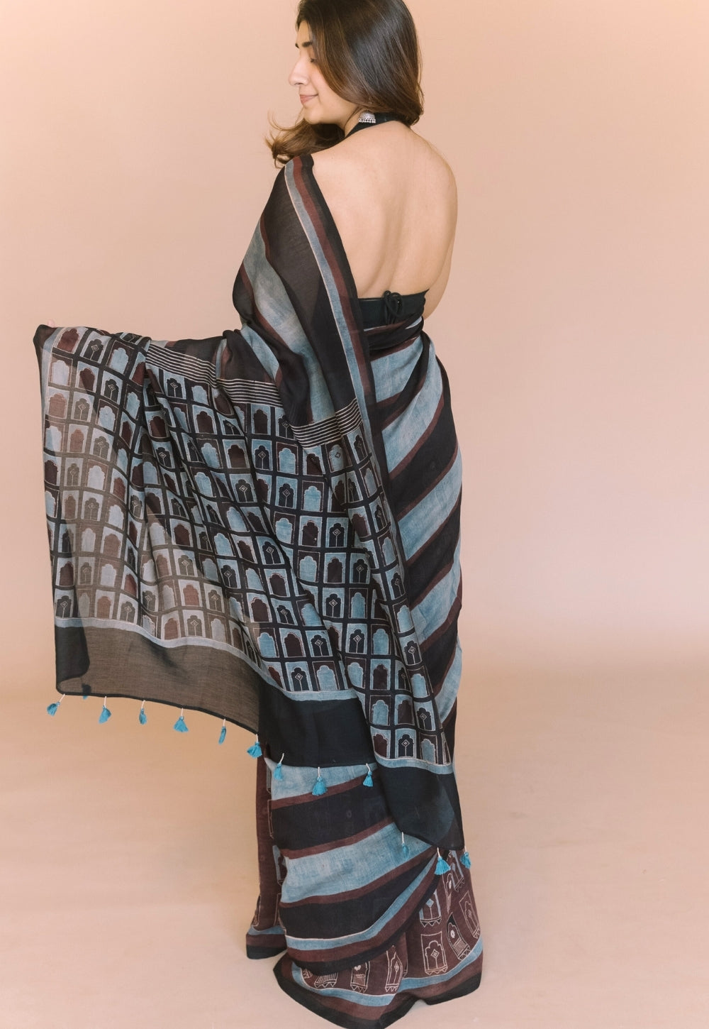 Black Jharoka Ajrakh Hand Block Print Chanderi Saree