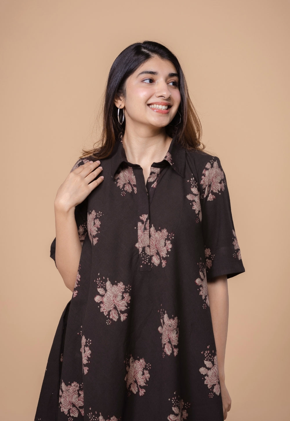 Srisha Brown Dabu Slub Cotton A Line Dress