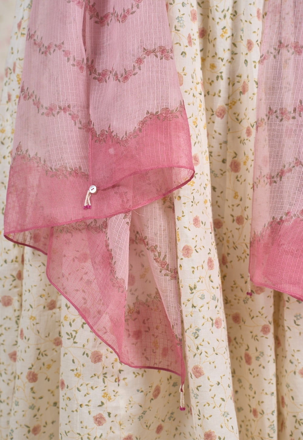 Pink Sanganeri Kota Doria Cotton Dupatta with Tassels