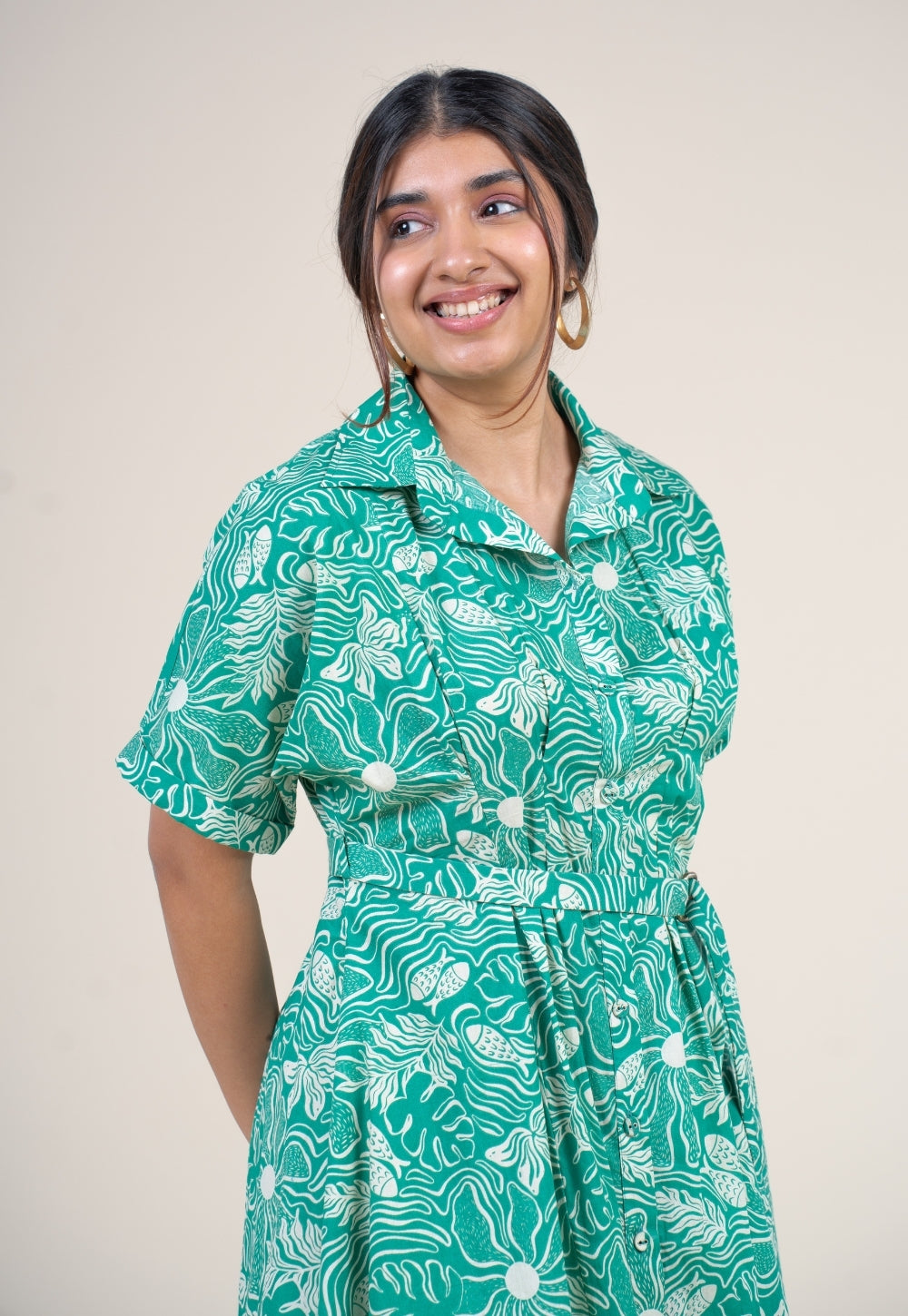 Preeti Emerald Green Printed Floral Cotton A Line Dress
