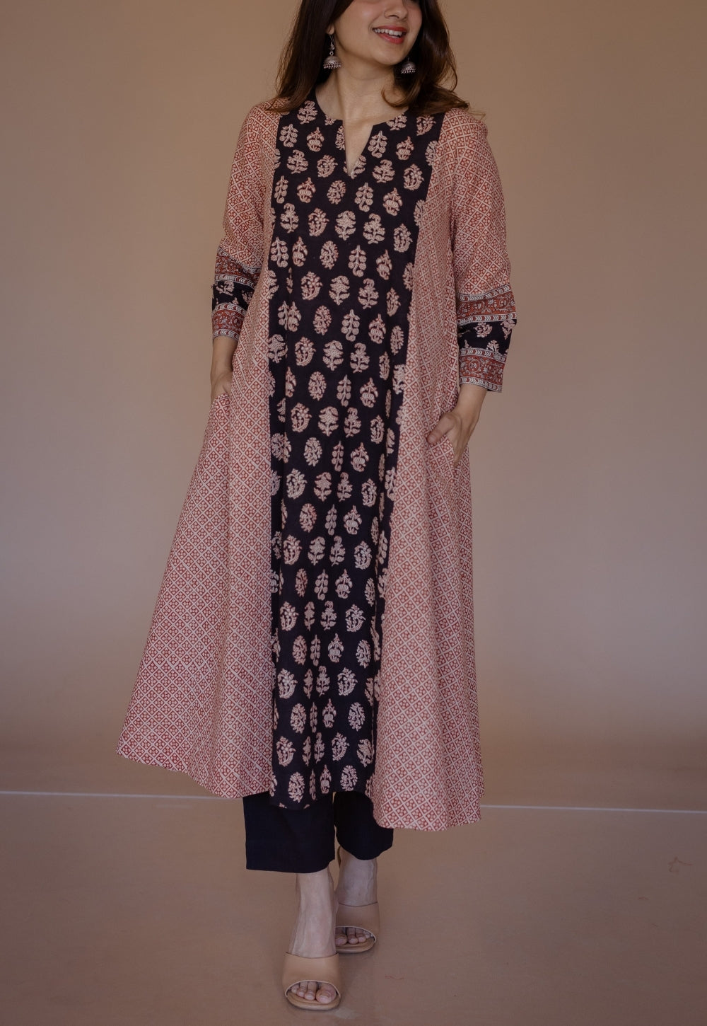 Malika Black Bagru Cotton Kali Kurta