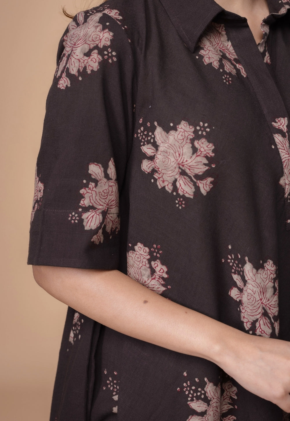 Srisha Brown Dabu Slub Cotton A Line Dress