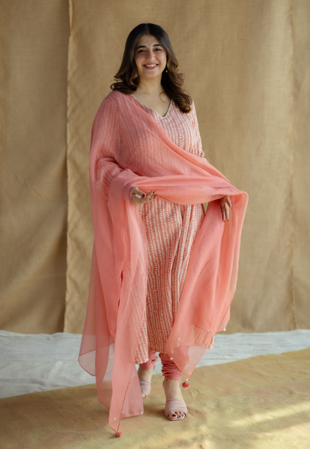 Jumana Coral Hand Block Print Slub Cotton Kali Kurta with Hand Embroidery
