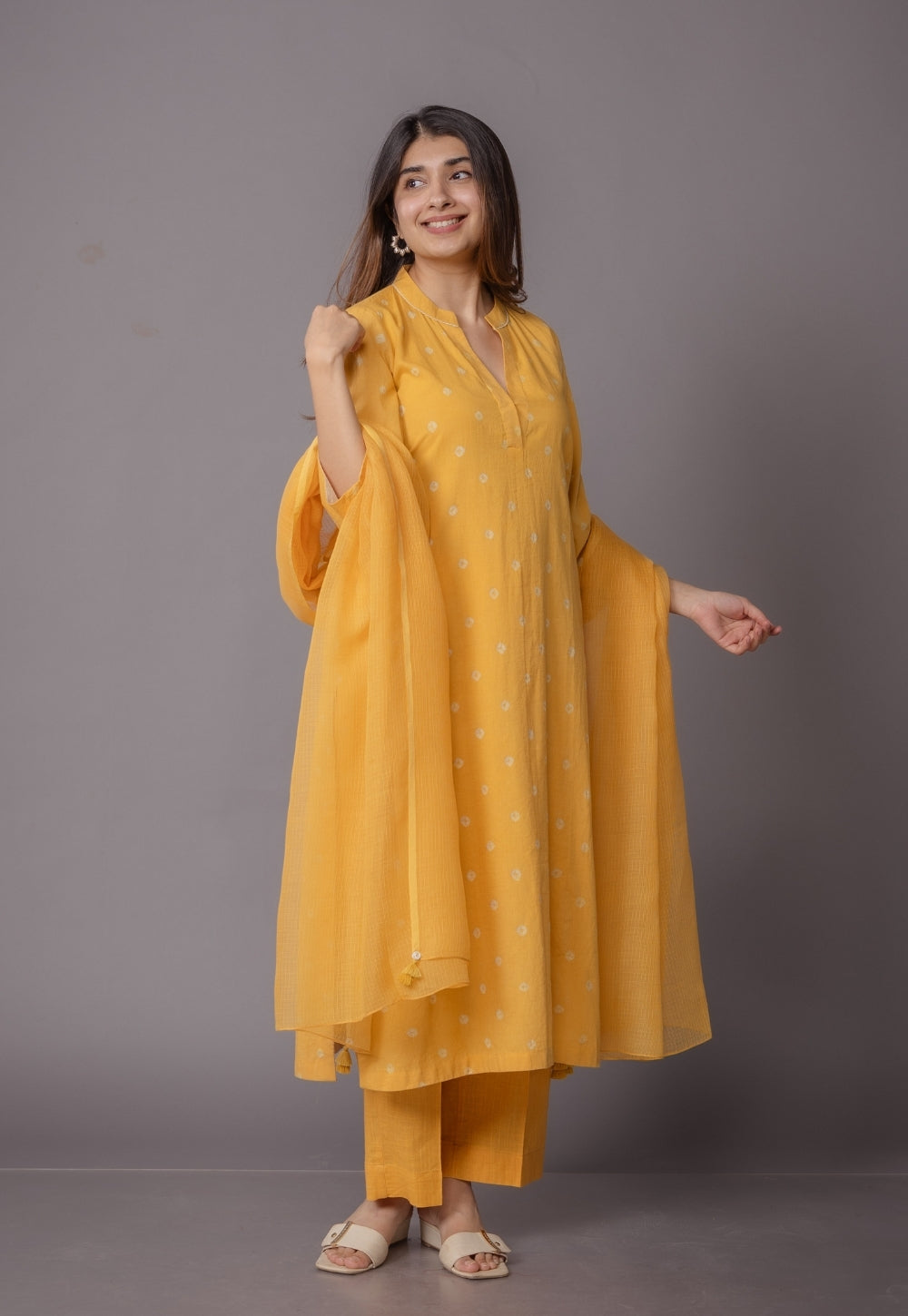 Yashi Yellow Solid Slub Cotton Straight Pant