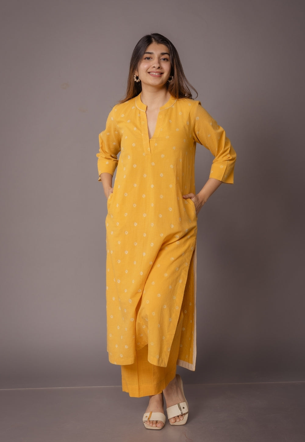 Yashi Yellow Solid Slub Cotton Straight Pant