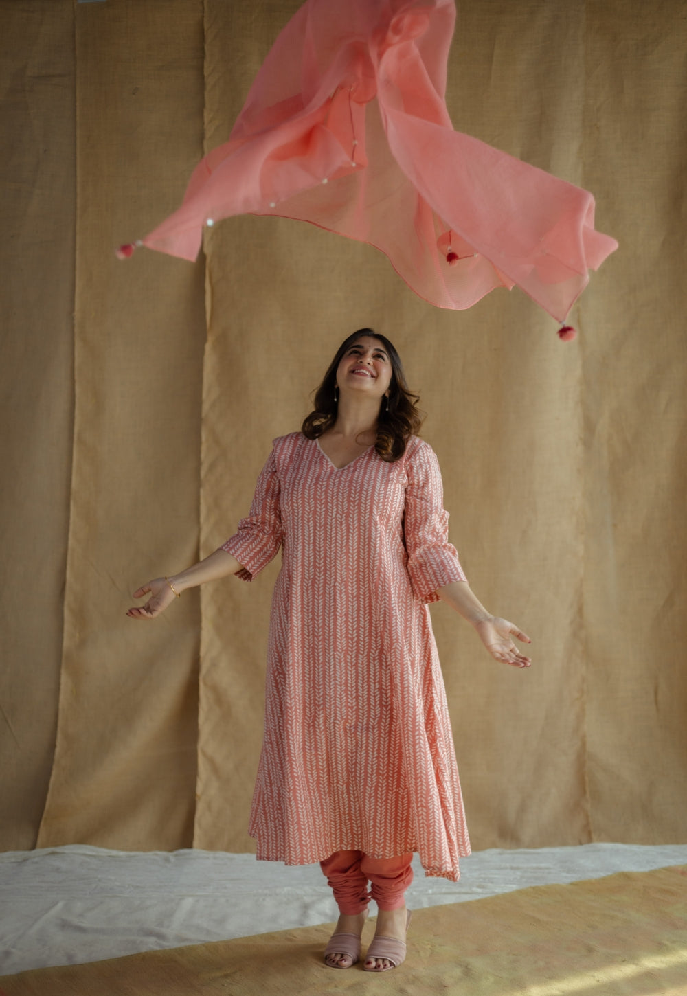 Jumana Coral Hand Block Print Slub Cotton Kali Kurta with Hand Embroidery