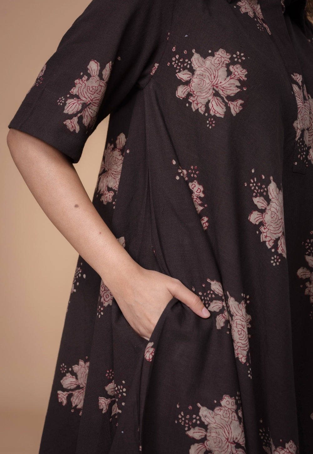 Srisha Brown Dabu Slub Cotton A Line Dress