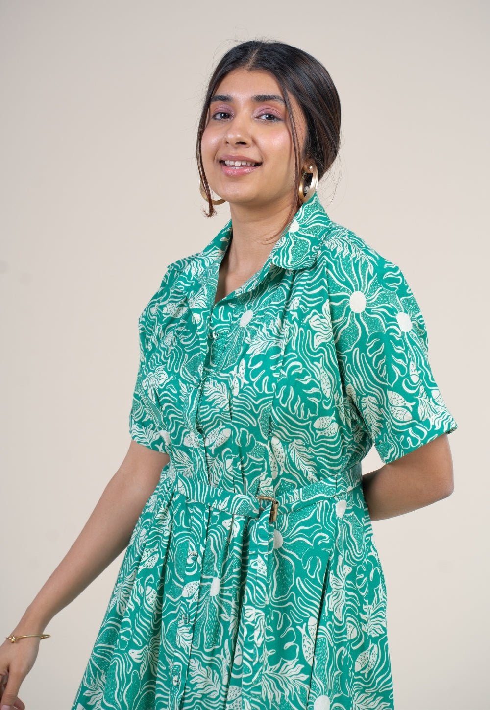 Preeti Emerald Green Printed Floral Cotton A Line Dress