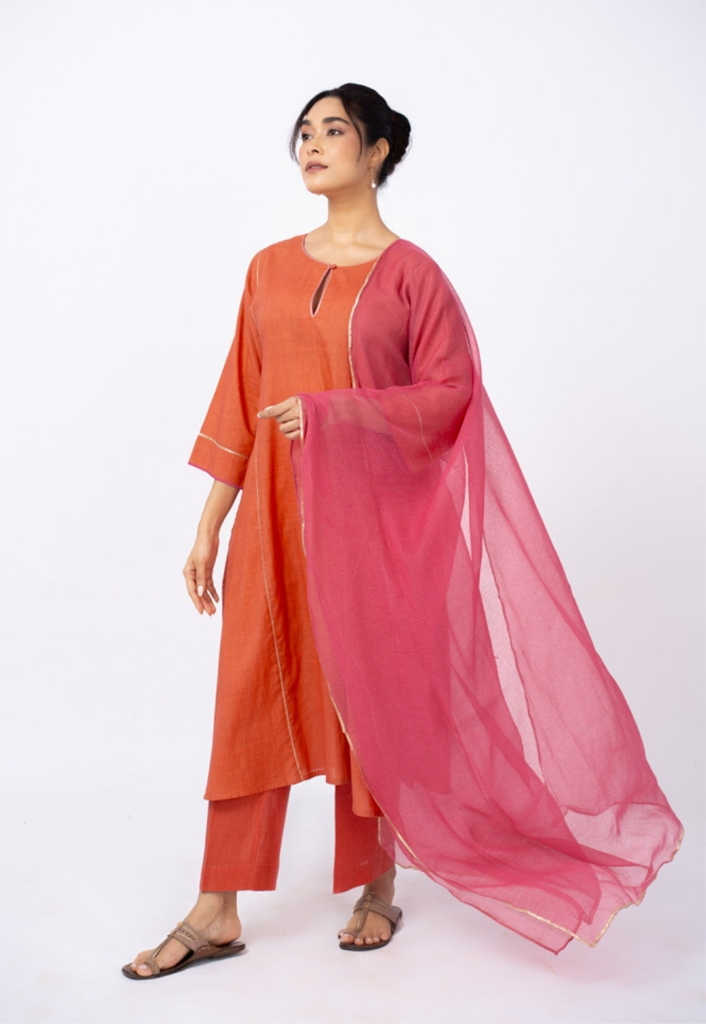 Adhya Orange Solid Slub Cotton Jhabbha Kali Kurta Suit Set with Solid Dupatta (Set of 3)